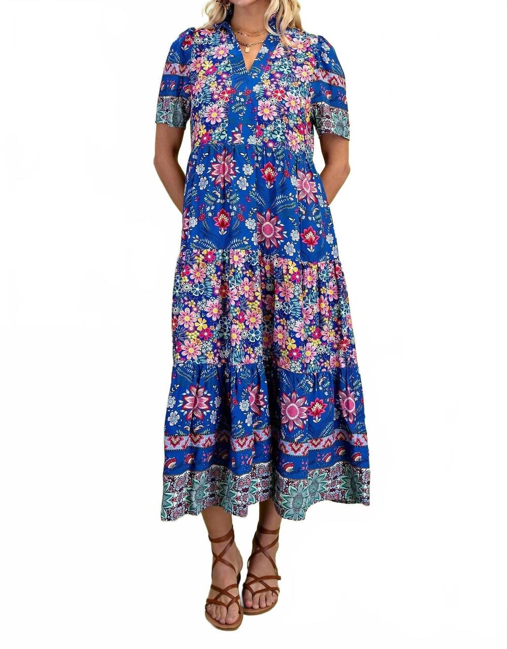 NEW GIGIO mixed print tiered midi dress in cobalt mix